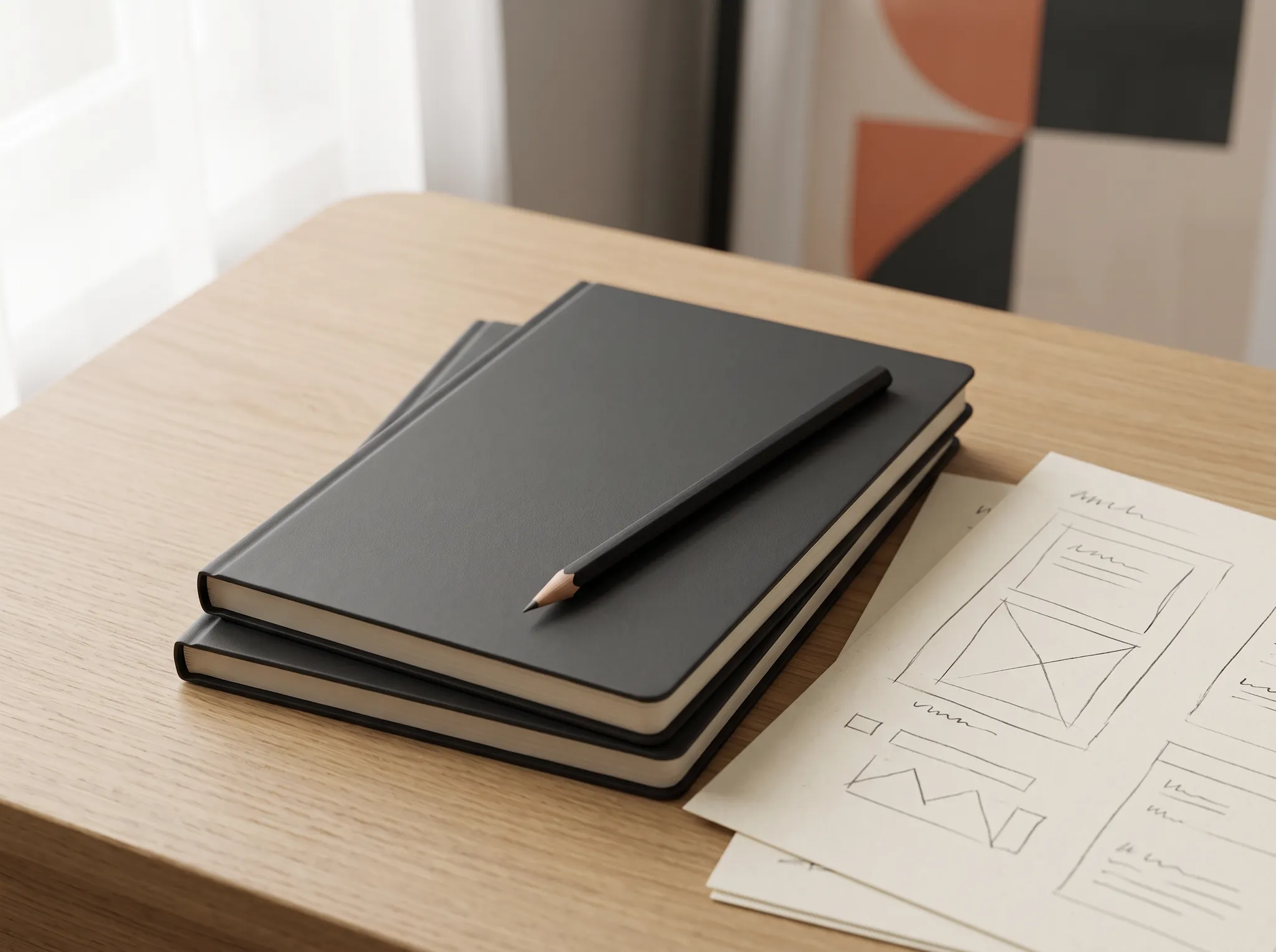 Planning notebooks and working papers arranged for analysis