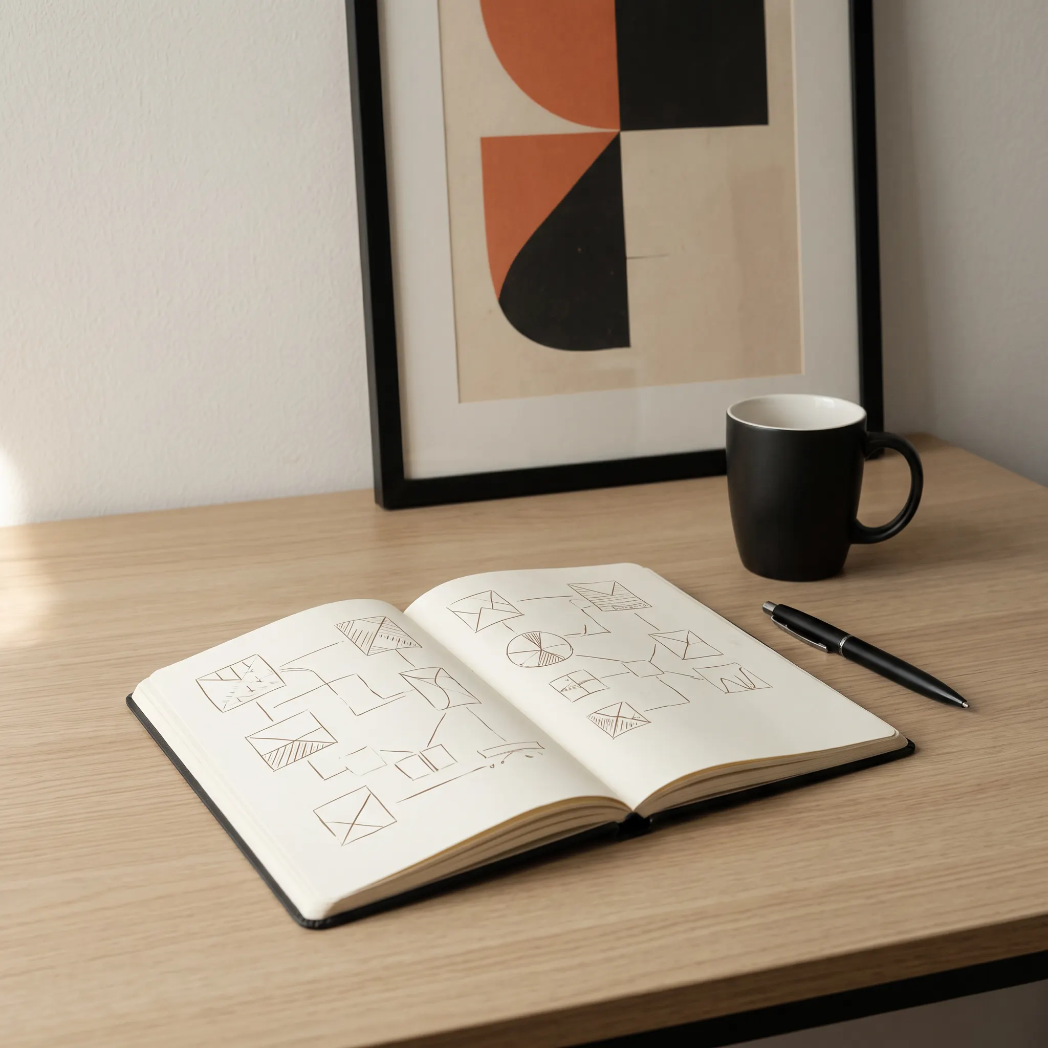 Notebook, pen and abstract artwork on a warm wooden desk